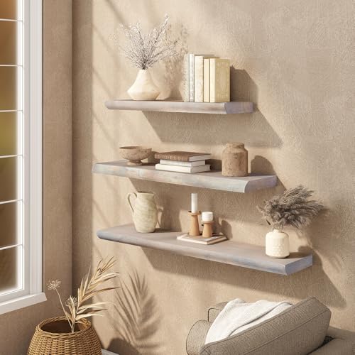 Live Edge Floating Shelves Set of 2, 24 Inch Solid Elm Wood Wall Shelves - Invisible Bracket Mount for Living Room, Bedroom, Kitchen, Bathroom | Weathered Gray - color: Driftwood Gray, size: 24"L, 2-Pack