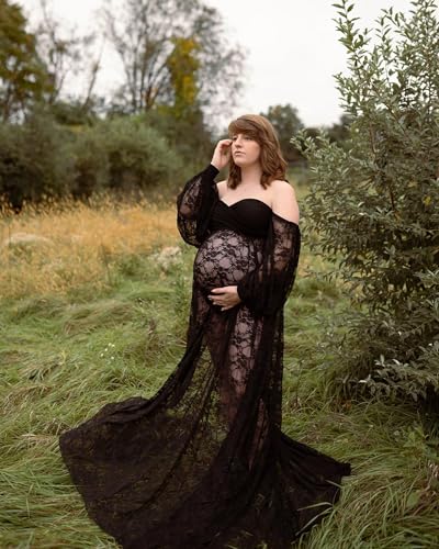 Saslax Soft Stretchy Lace Off Shoulder Doubly Split A-line Skirt Maternity Dress Pregnancy Maxi Gown for Photoshoot - color: Black, size: Medium