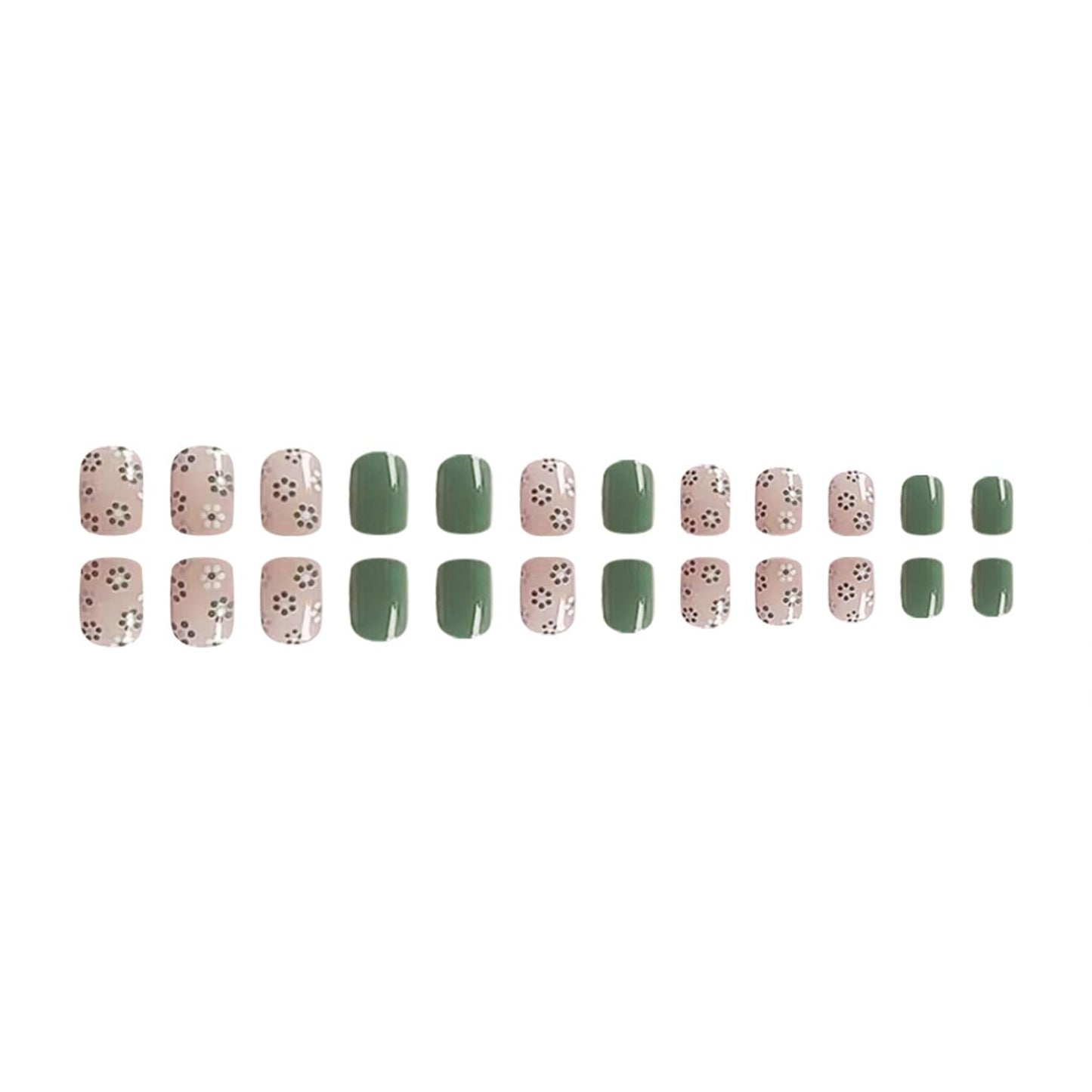 Tyuimhx Flower Press on Nails Short Square Green Spring False Glossy Full Cover Stick on Acrylic Floral Artificial Glue on Nails for Women Girls 24Pcs