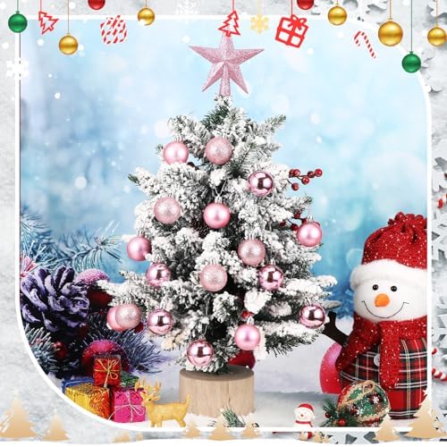 RoundFunny 25 Pcs Mini Christmas Balls Ornaments Set 1.57 Inch Christmas Day Ball Topper Star Tree Hanging Ornaments for Party Decoration(Pink)