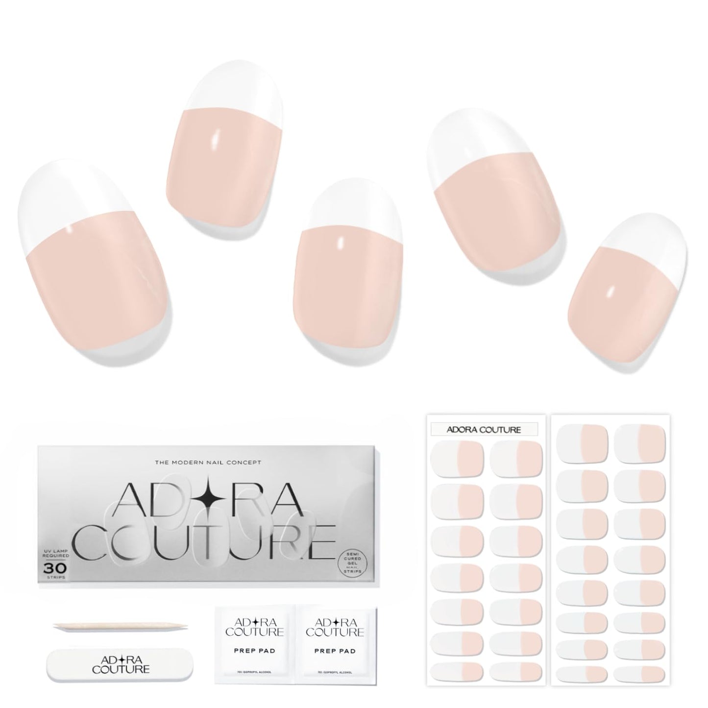 Adora Couture Semi Cured Gel Nail Strips with 30 Pieces - Salon Quality Manicure Kit for Women Easy Application Wraps Includes Prep Pads Nail File Wooden Stick, UV Light Required (Classic French)