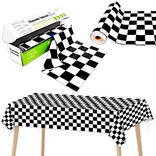 Black and White Checkered Tablecloth Roll 52 in x 100 Ft with Slide Cutter Black Checkered Table Cloth Roll Picnic Party Table Cover for Events Family Banquet Parties and Celebrations(Plastic) - color: Black and White Checkered