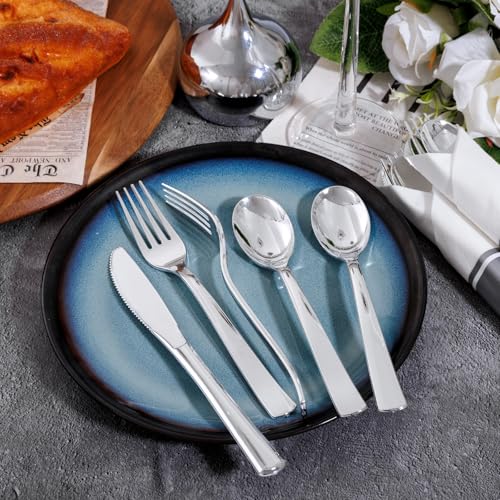 50Guests Pre Rolled Silver Plastic Silverware Sets - Heavy Duty Silver Cutlery - Include 50 Pack Wrapped Disposable Utensils with Napkins for Parties & Dinners & Weddings - color: 50Pack - Silver