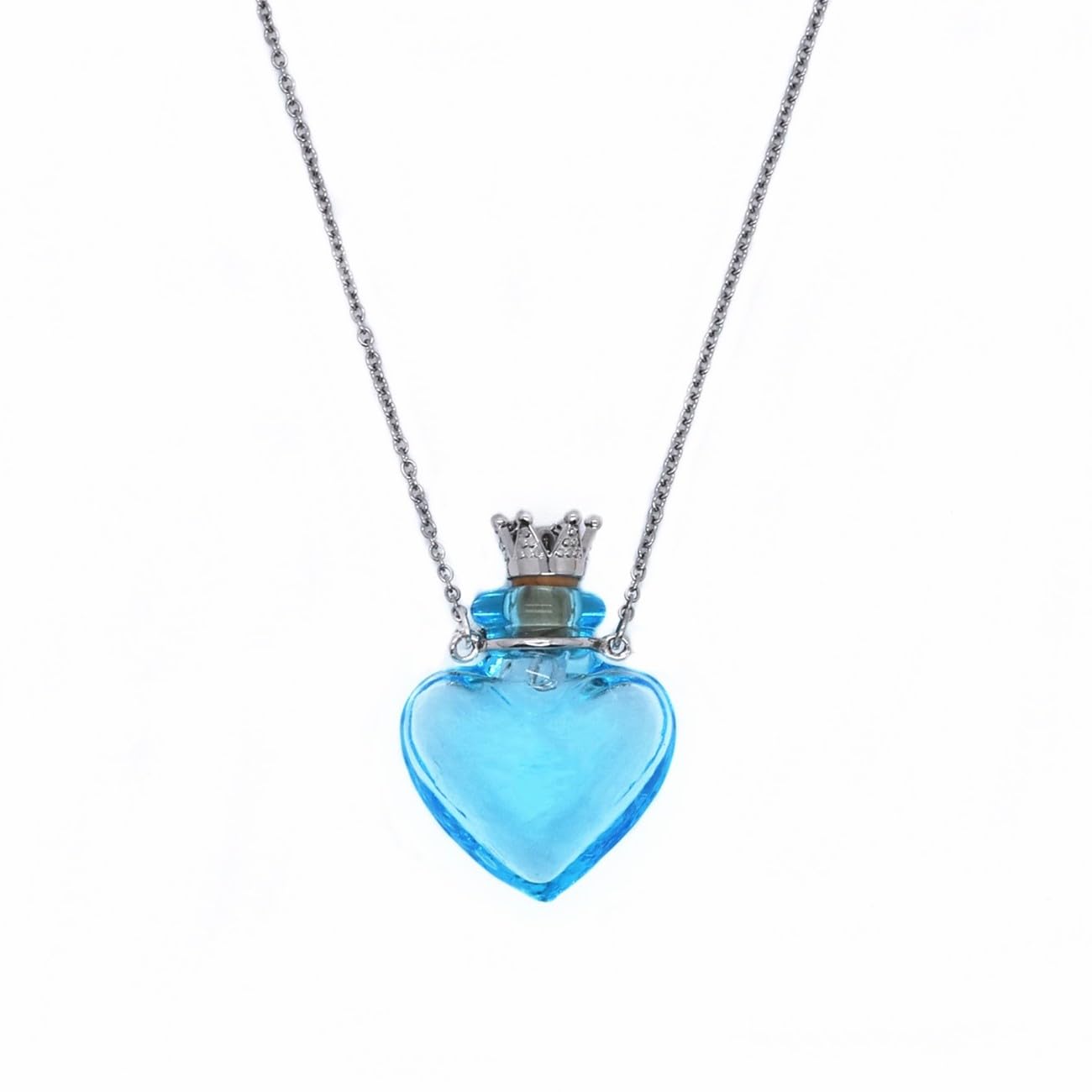 CoolDIY Glaze Glass Heart-Shaped Refillable Essential Oil Necklace Pendant - Aromatherapy Perfume Diffuser Pendant with Stainless Steel Chain (Light Blue)