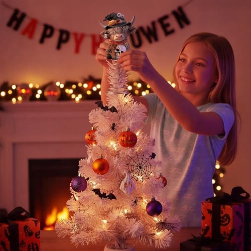 Gejoy Halloween Witch Highland Cow Miniature Tree Topper 5.1 Inches
