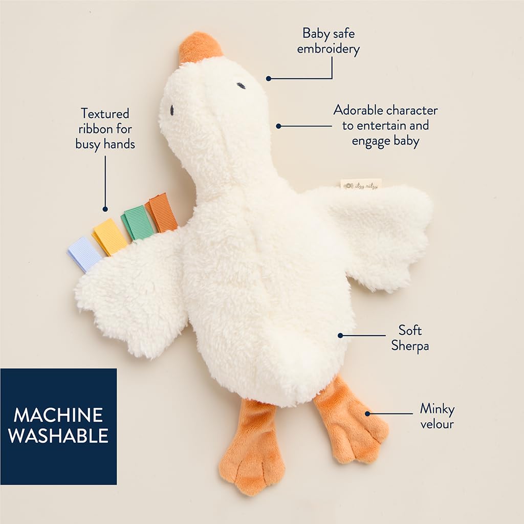 Itzy Ritzy Huggable Lovey – Soft Plush Baby Comfort Toy & Snuggle Companion with Sensory Ribbons - Machine Washable - Designed for Newborns & Toddlers (Goose)