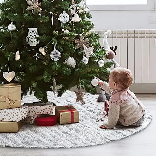 Xmas Tree Skirt White Bronzing Luxury Faux Fur Tree Skirt (Silver, 36in)