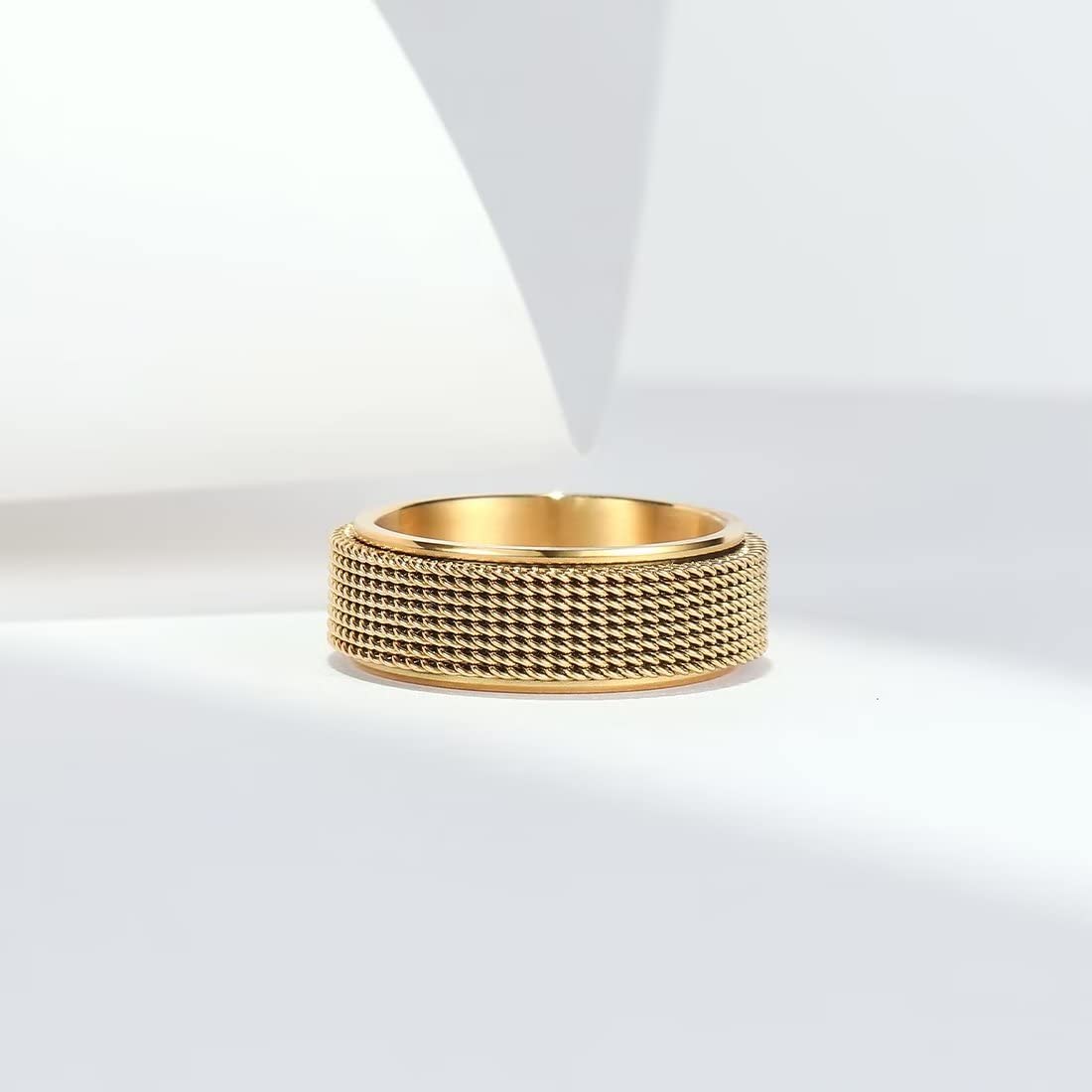 King Will Gold 8mm Stainless Steel Chain Mesh Simple Plain Spinner Anxiety Ring for Women Men Wedding Band Ring Fidget Ring Mesh Chain Woven Mesh 14