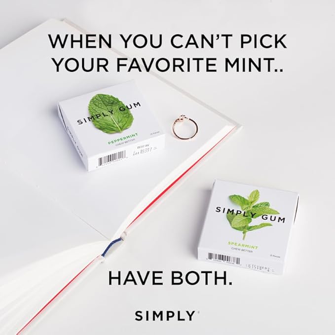 SIMPLY Gum Mint Variety Pack (Peppermint, Spearmint, Wintergreen), Plastic-Free Natural Chewing Gum, 6 Pack (90 Pieces) | Vegan, Kosher, Non GMO, Aspartame Free and Sorbitol Free