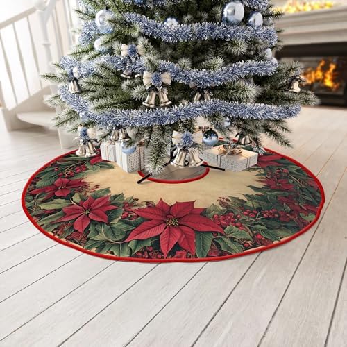 Poinsettia Flowers Christmas Tree Skirt 48 Inch by Leo Walker, Christmas Tree Ornaments, Rustic Xmas Tree Skirts Mat for Home Decor Xmas Party Tree Holiday Decorations