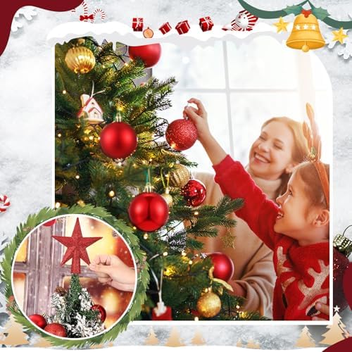 RoundFunny 25 Pcs Mini Christmas Balls Ornaments Set 2.36 Inch Christmas Day Ball Topper Star Tree Hanging Ornaments for Party Decoration(Red)