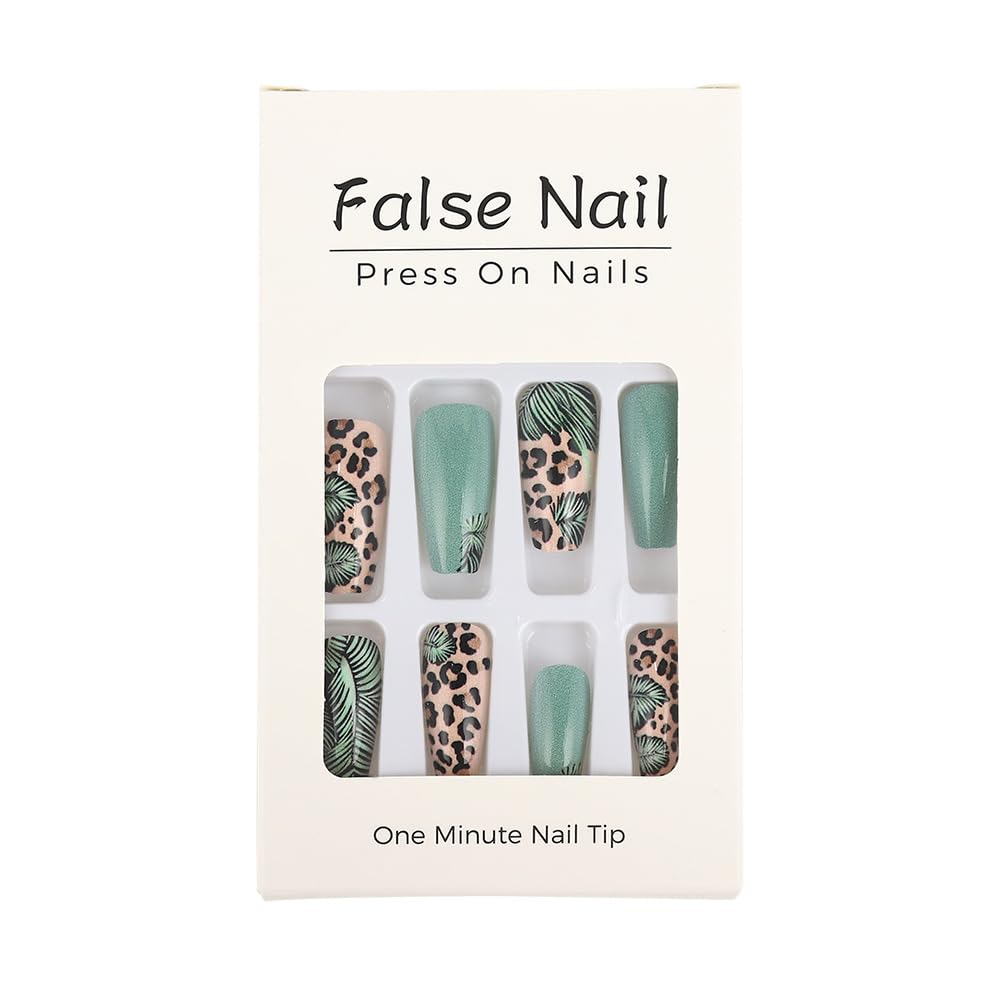 Green Leopard Print Press on Nails Medium Square Fake Nails Palm Leaf False Nails with Solid Color Green Designs Full Cover Acrylic Nails Glossy Cheetah Finger Manicure for Women 24Pcs