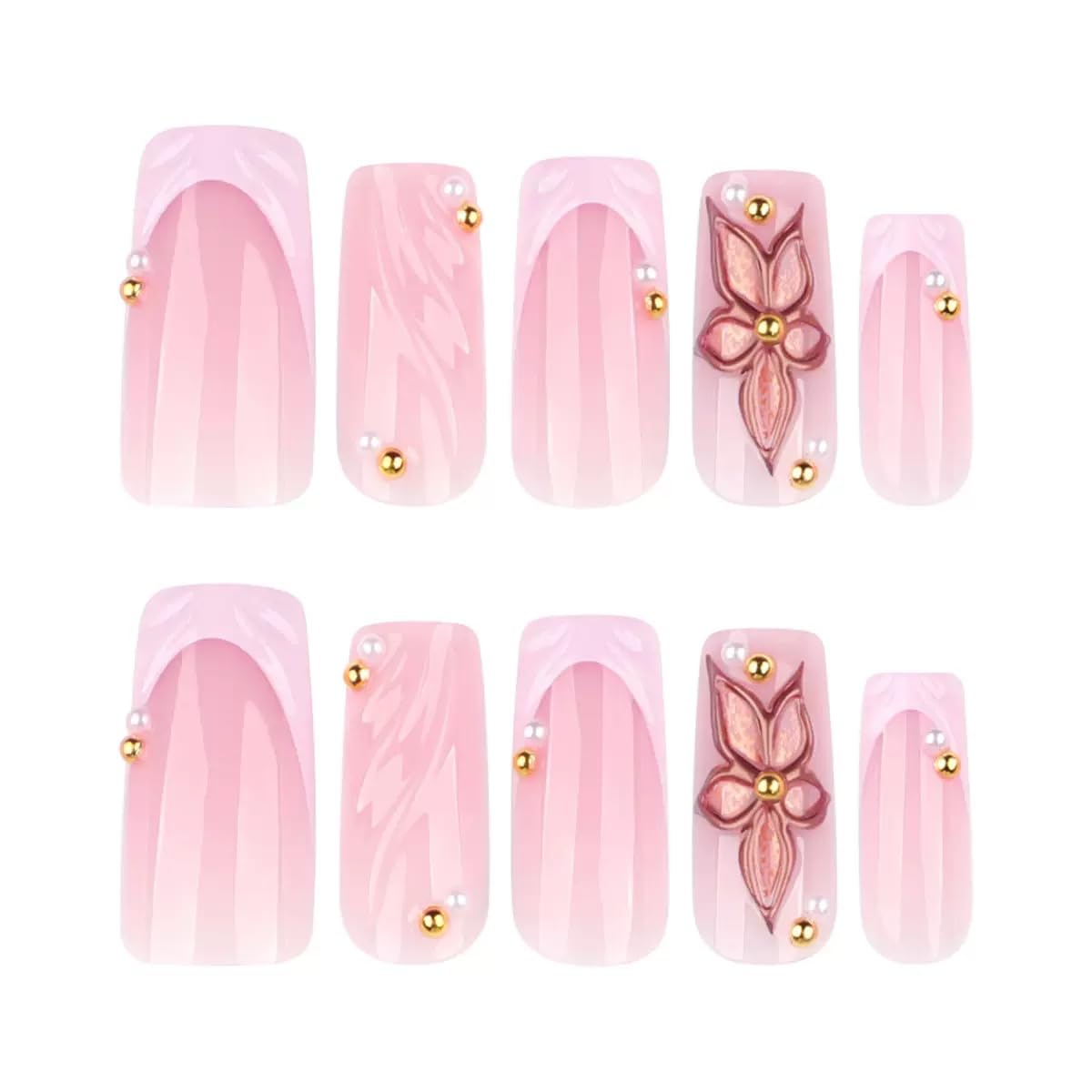 CTTHNBD Medium Press on Nails Square - Pink French Tip Fake Nails with Flower Design - Summer Full Cover Stick on Nails for Women - 24 Pcs