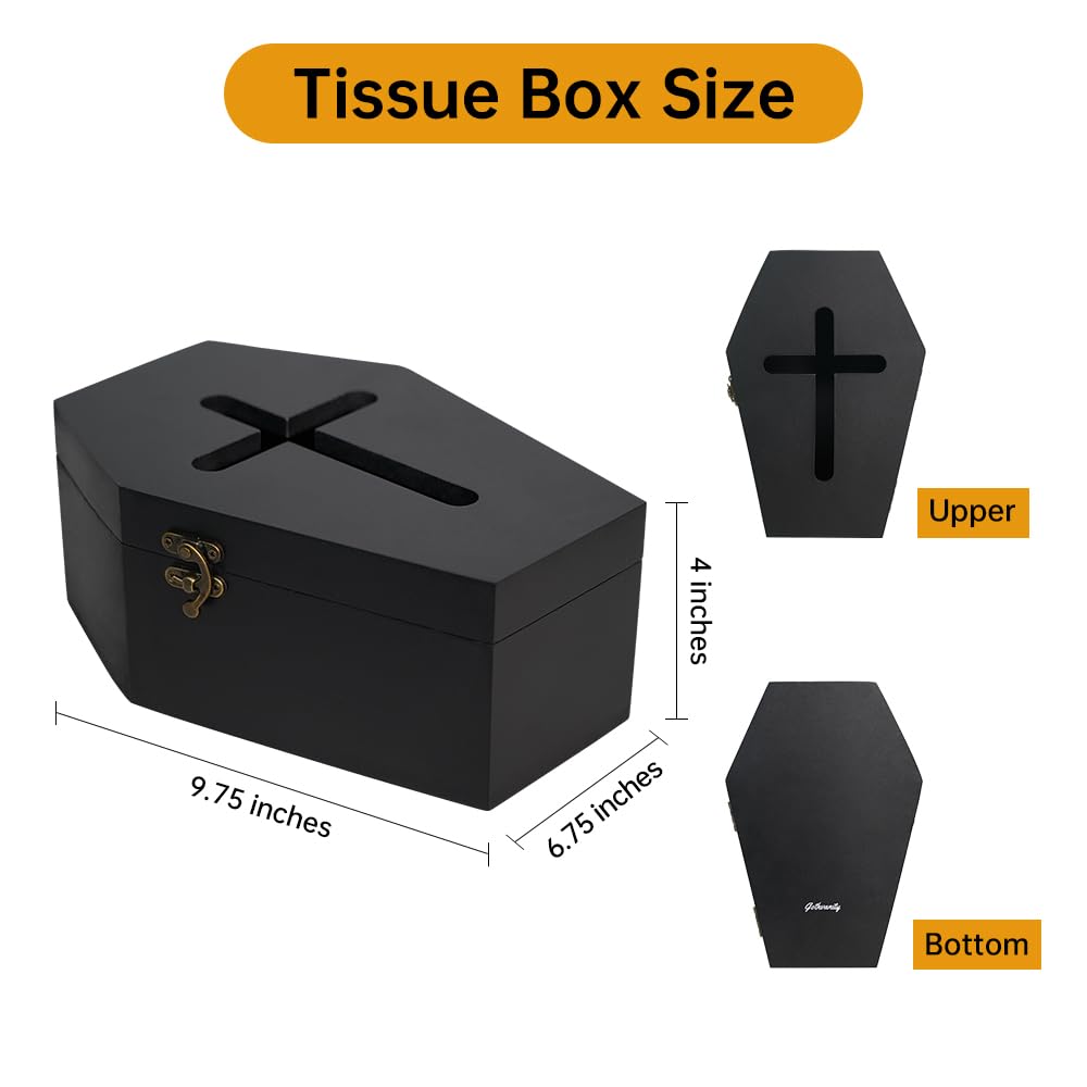 Gothvanity Gothic Coffin Tissue Box Holder - Cross Design Spooky Dark Aesthetic Dispenser, Wooden Black Home Decor, Fits Square & Rectangle Tissues