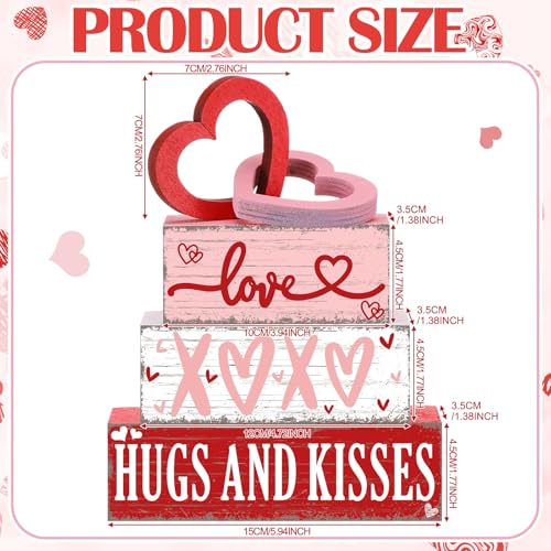 GlikCeil 4 Pcs Valentine's Day Table Sign Tiered Tray Decor Valentine's Day Love Heart Table Wood Block Decorations Centerpieces Farmhouse Rustic Hug and Kisses Decor for Home Office Desk Shelf Supply - style: Love