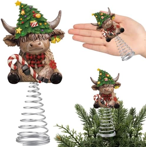 Gejoy Christmas Highland Cow Miniature Tree Topper 5.1 Inches Mini Resin Cattle Tree Top Decorations for Rustic Home Farmhouse Holiday Accents Party Decor, Thanksgiving Xmas Gift Ideals