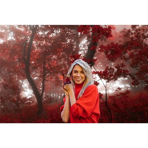 12x8ft Fall Maple Leaves Backdrop Autumn Scenery Misty Red Maple Forest Photography Background Natural Landscape Maple Trees Thanksgiving Party Kids Adults Travel Decor Banner Photo Props - size: 12x8ft