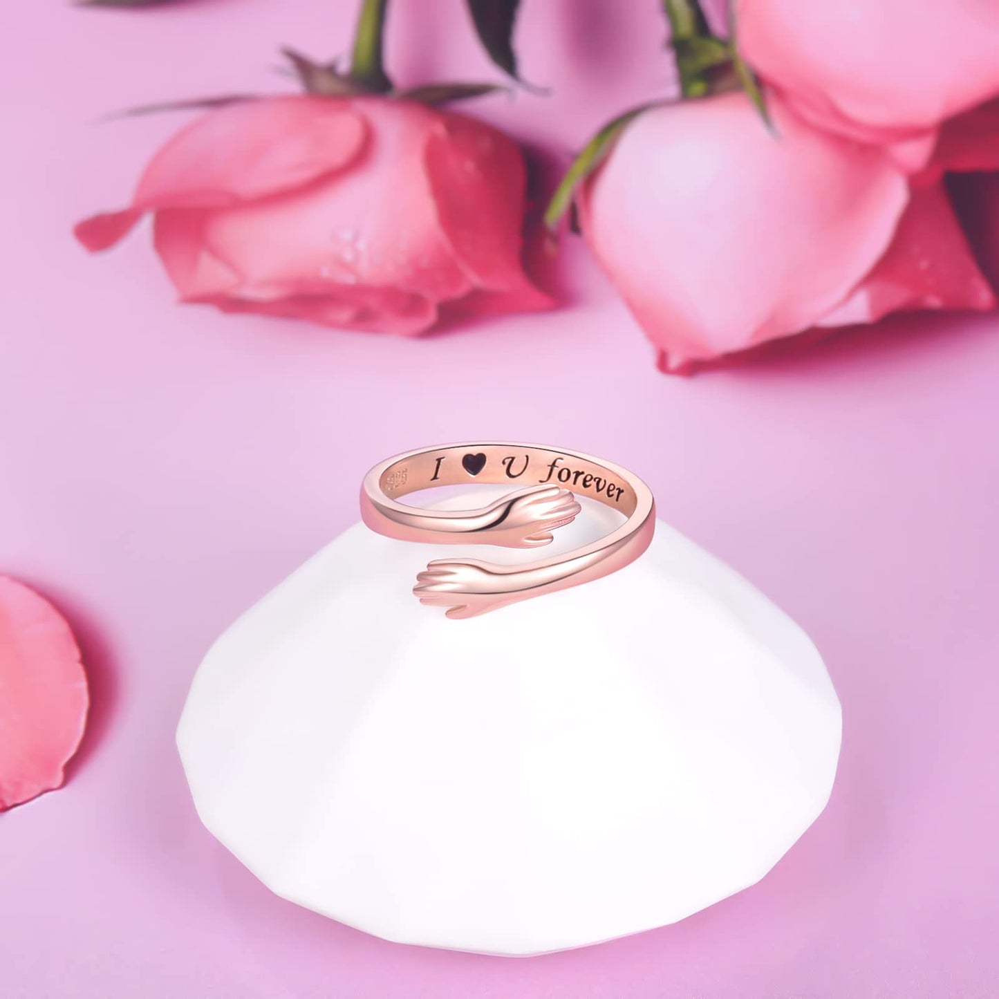 ACJFA 925 Sterling Silver Adjustable Hug Ring Wrap Around Rings Hand Ring Jewelry for Women Teens (Rose gold)