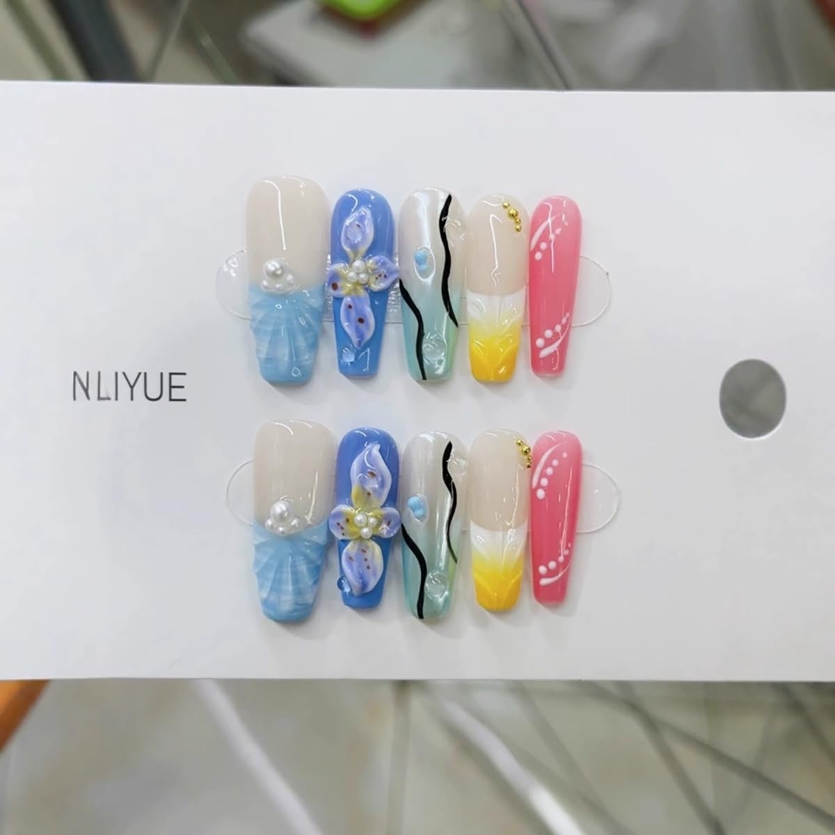 Handmade Press on Nails Long Coffin False Nails Blue French Tip with 3D Flower Designs Beach style Charm Cute luxury Sparkly Acrylic Nails for Women (Size M）10pcs