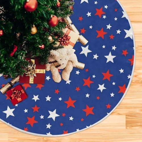 USA Patriotic Stars Memorial Christmas Tree Skirt Red Blue White Independence Day 36 Inches Xmas Tree Skirt Floor Door Mat Decorations for Holiday Party Indoor Outdoor Home Office Ornaments