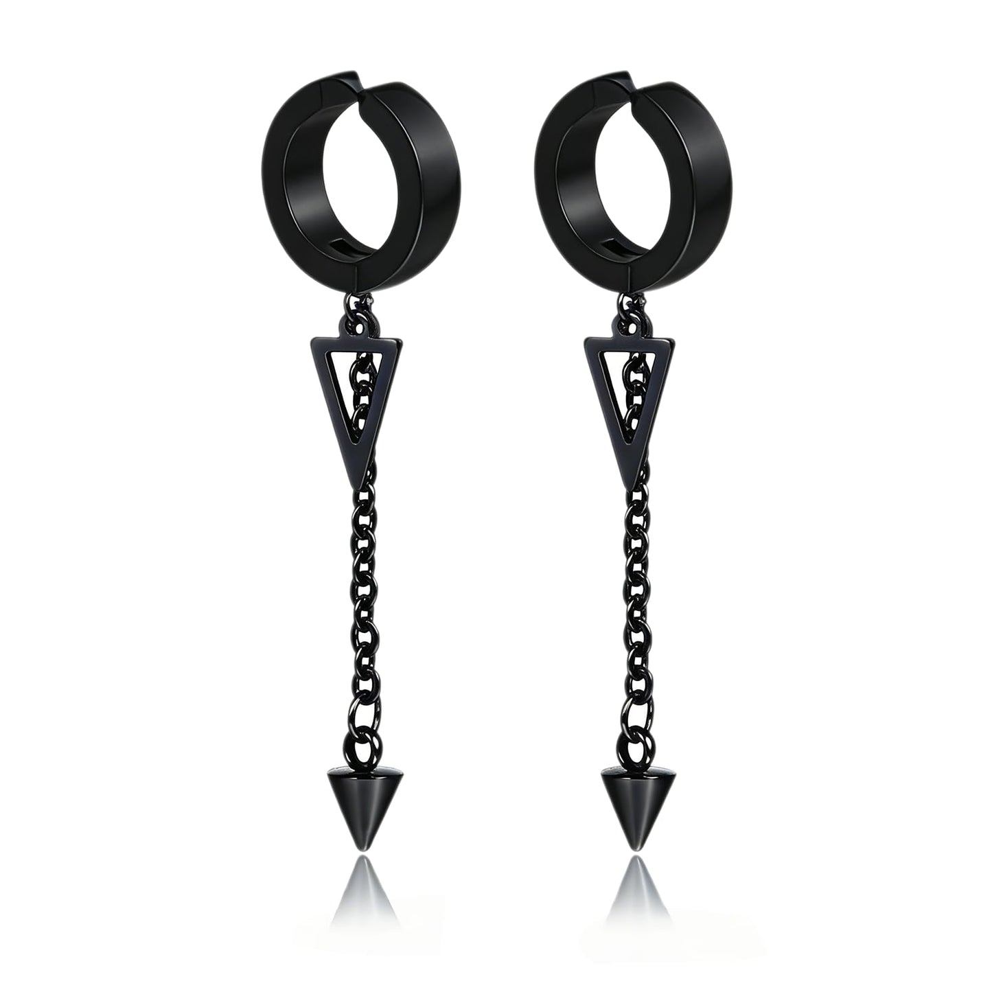 Fusamk Punk Rock Stainless Steel Triangle Ear Clip Earrings Spike Long Chain Dangle Earrings(Black)