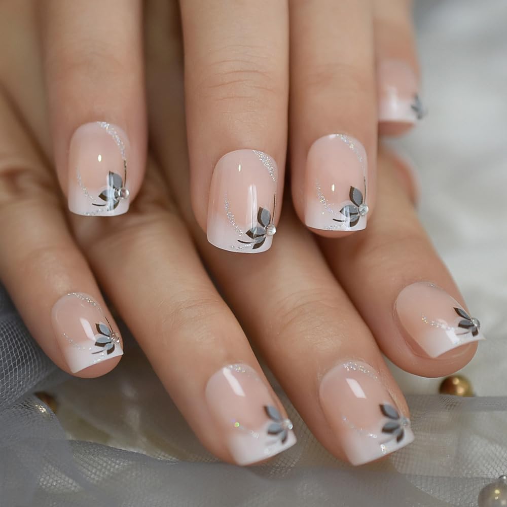 iBeautying Press on Nails - Shiny Short Flower Glitter Deco Ombre False Nails | UV Gel Finish Medium Short Coffin Flat Shape Reusable Fake Nails - 24 Nail Kit with Jelly Glue Pad