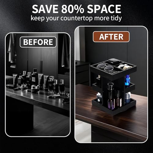 Cologne Organizer for Men, 3-Tier Rotating Cologne Stand with Non-Slip Pads, Large Capacity Wood Perfume Shelf for Desk & Nightstand, Gifts for Men Husband Birthday (Black)