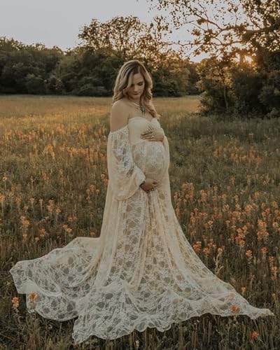 Saslax Soft Stretchy Lace Off Shoulder Doubly Split A-line Skirt Maternity Dress Pregnancy Maxi Gown for Photoshoot - color: Champagne, size: Small