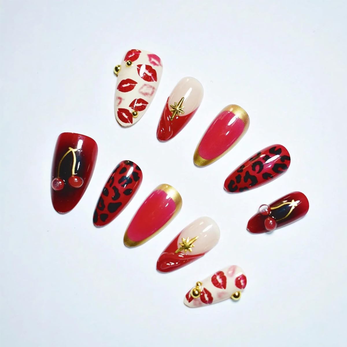 30Pcs Valentines Press on Nails Medium Almond Shape French Tip Fake Nails with 3D Golden Bead Cherry Designs Sexy Red Lips False Nails Red Glossy Acrylic Stick on Nail for Women DIY Manicure Kits