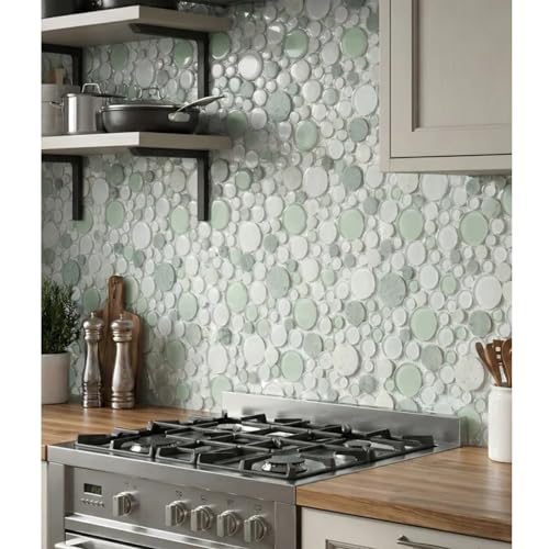 Tenedos Bubbles Snow Dove Glass and White Marble Mosaic Tile, Frosted & Polished Finish, 10.5"x10.5" Mesh Mounted for Wall, Backsplash & Bathroom Use