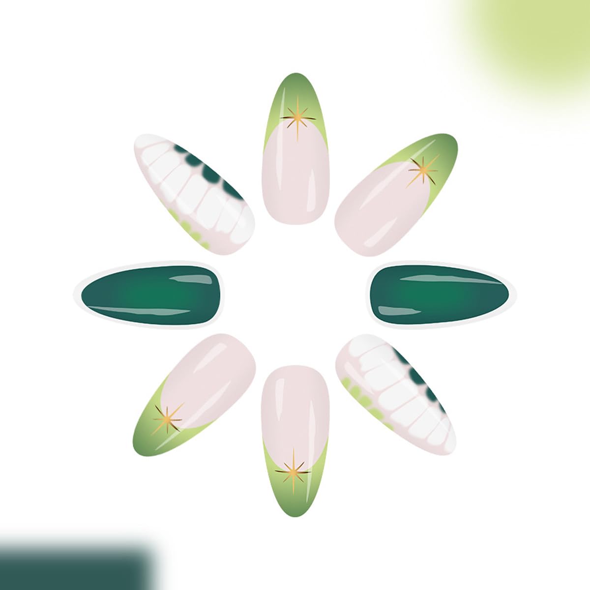 Spring Press on False Nails Green French Tip Fake Nails Medium Almond Glue on Nails with Marble, Gold Star Designs Glossy Press ons Stick on Nail for Women Manicure 24Pcs