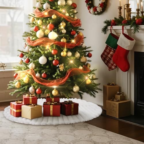 Lanpn Christmas Tree Skirt 36 inch, Faux Fur Xmas Tree Skirt Plush Winter Christmas Tree Mat for Large Artificial Trees Winter Home Party Holiday Indoor Xmas Decorations (White, 90cm)