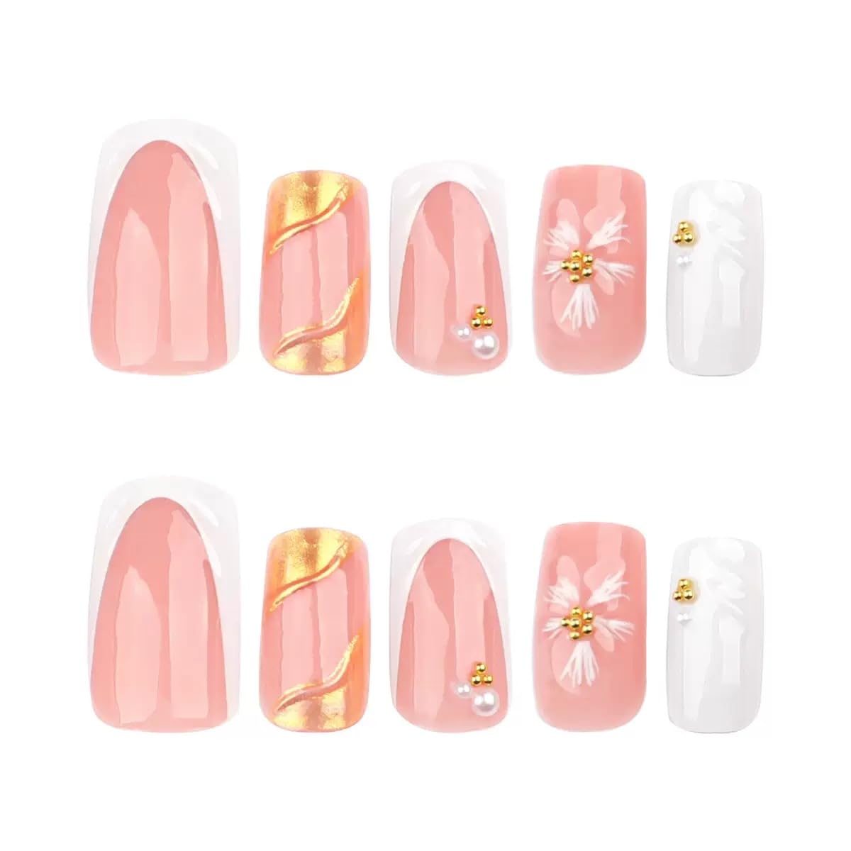 Square Press on Nails Medium - White French Tip Fake Nails with 3D Flower Wave Design- Elegant Full Cover Stick on False Nails for Women - 24 Pcs