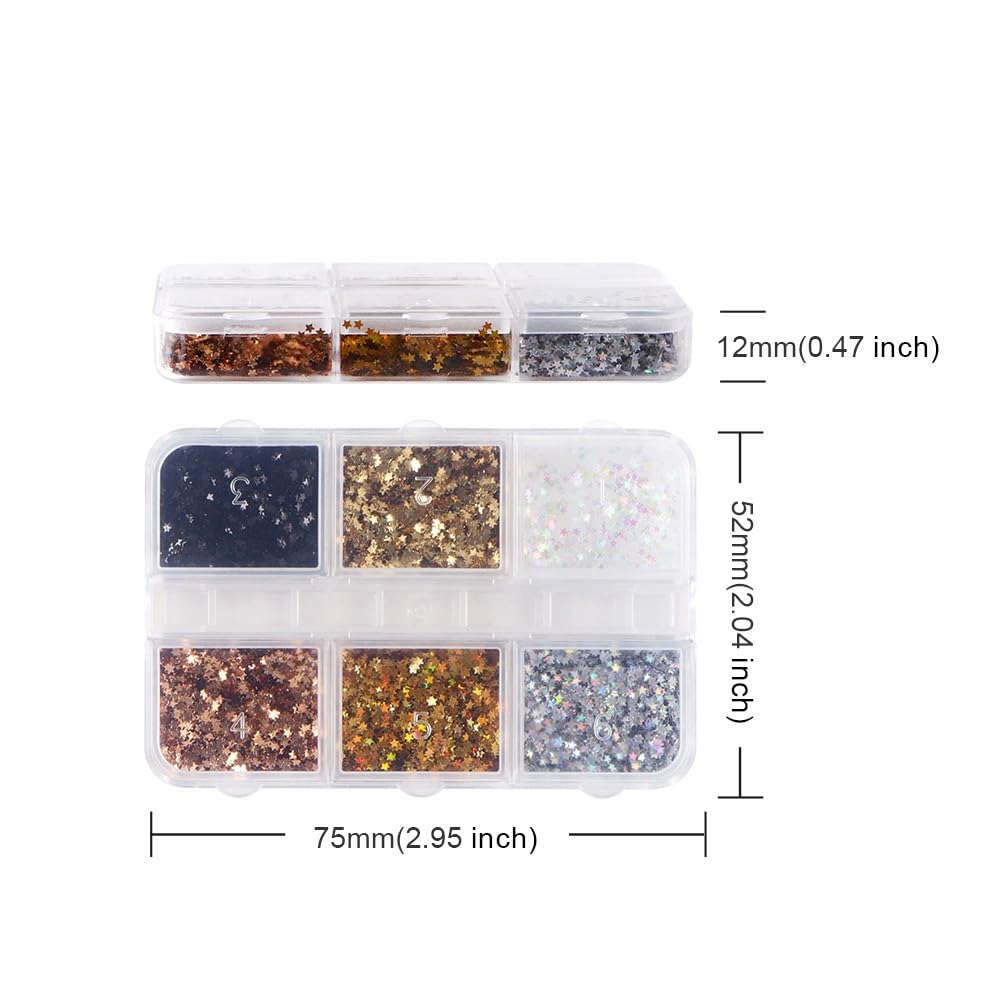1 Box 6 Color Holographic Tiny Star Nail Glitter Laser Gold Nail Sequins 3D Laser Silver Nail Flakes Sparkly Glitter Flakes Shiny Nail Glitter Champagne Nail Sequins Glitter for Nails Art 6 Grids