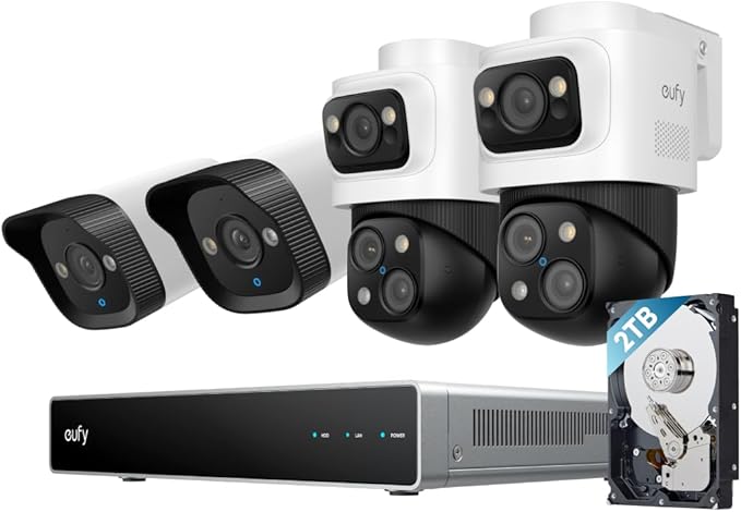 eufy PoE NVR Security Camera System S4, 24/7 Recording,Up to 16CH, 2TB HDD, 2 Bullet-PTZ Cams, 2 Bullet Cams, 360° PTZ, AI Auto Framing & Tracking, Smart Video Search, Color Night Vision