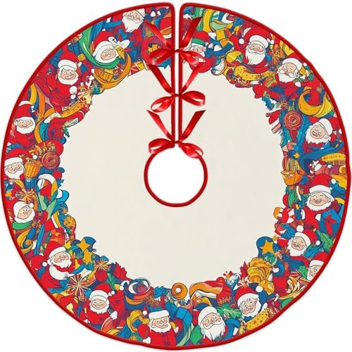 Santa Claus Patterns Christmas Tree Skirt 48 Inch by Leo Walker Soft and Funny Trimmed Merry Christmas Tree Collar Farmhouse Xmas Holiday Party Decoration