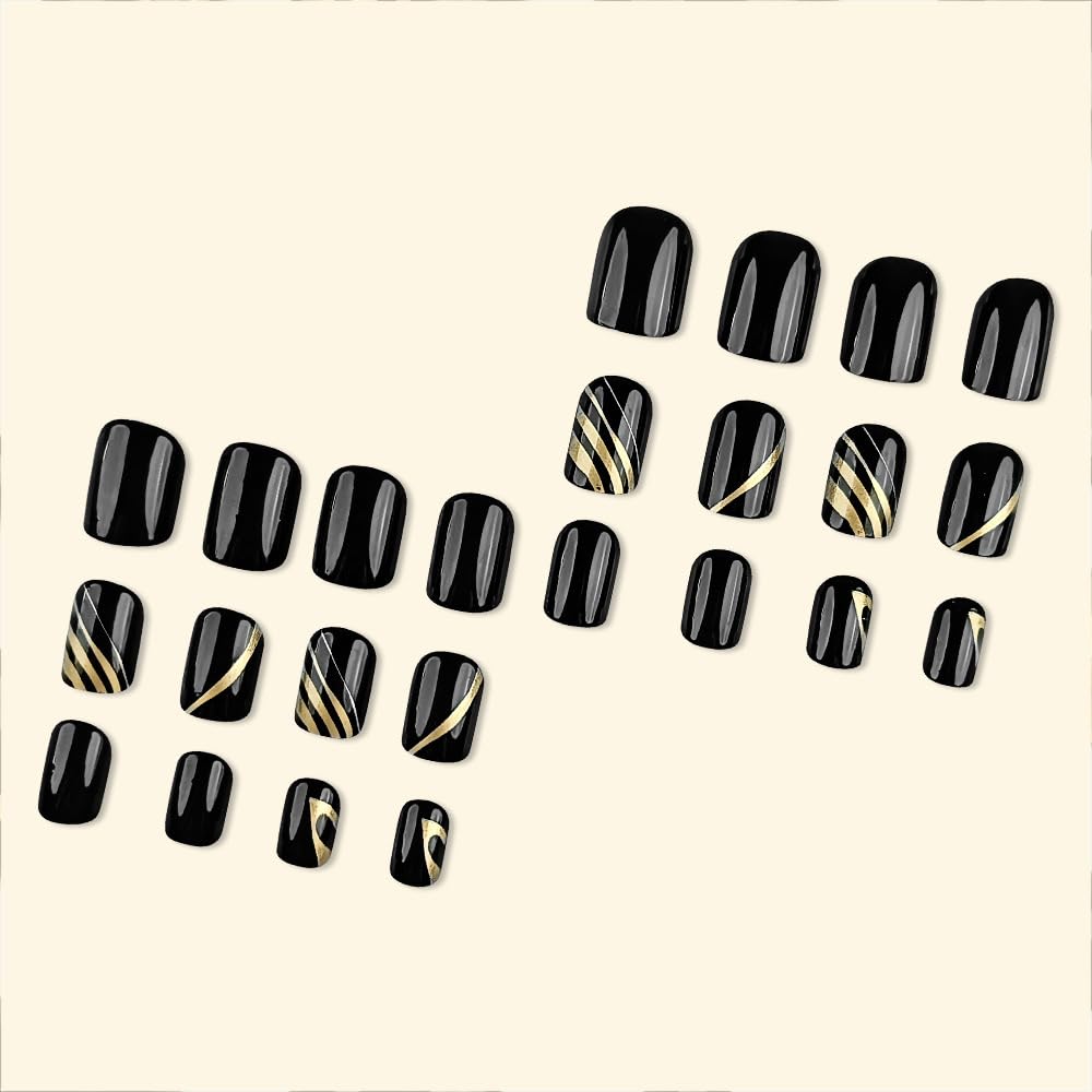 Press On Nails: Medium Square Dark Black False Nails with Gold Line Design, Glossy Full Cover Stick On Acrylic Artificial Nails for Women's Manicure, 24Pcs