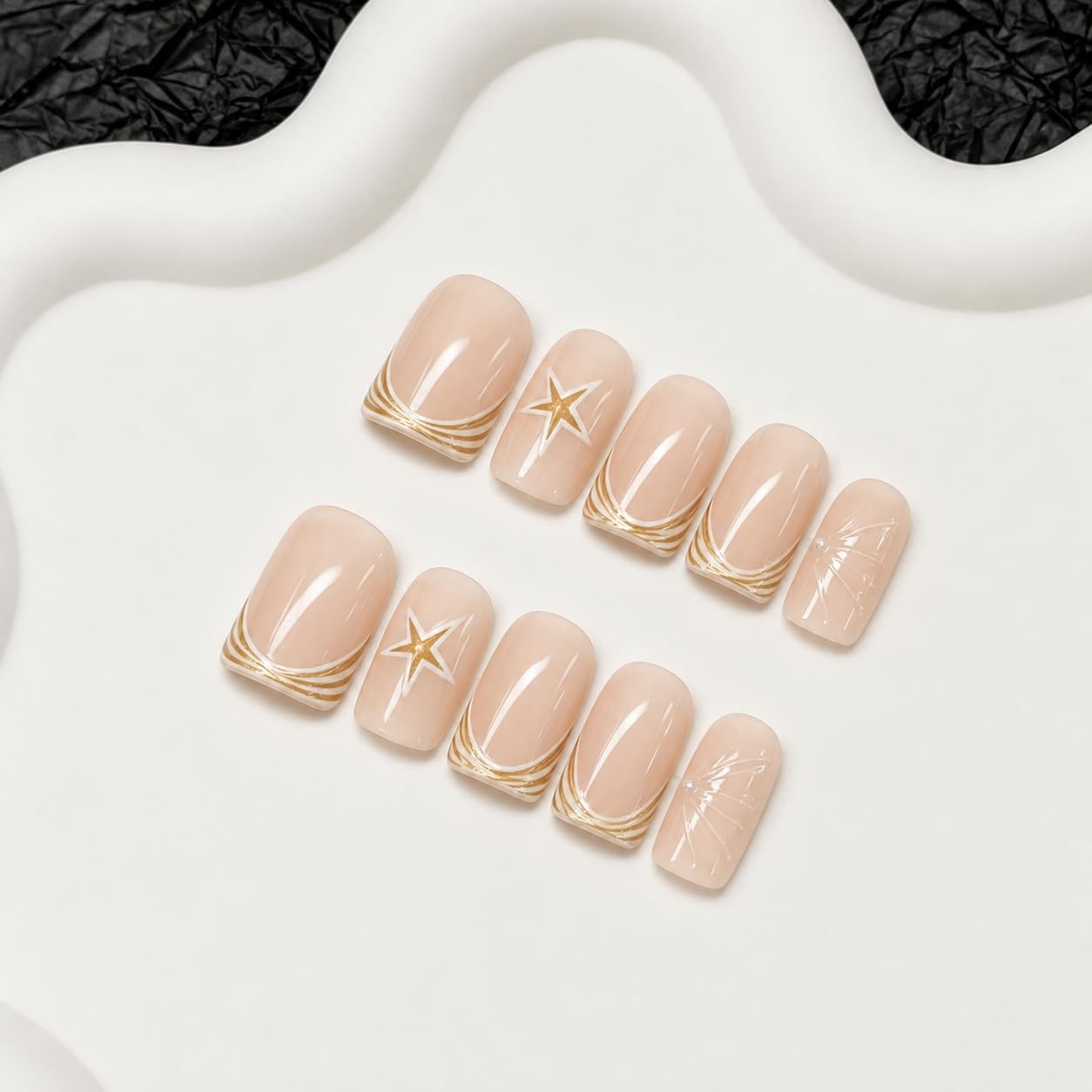 Summer Handmade Press on Nails Starfish Fake Nails Designs Beach Muti-Layer Gel Thick Acrylic Nail Full Cover Beach Handmade Short Square False Nails French Tip Stick on Nail for Women (M)