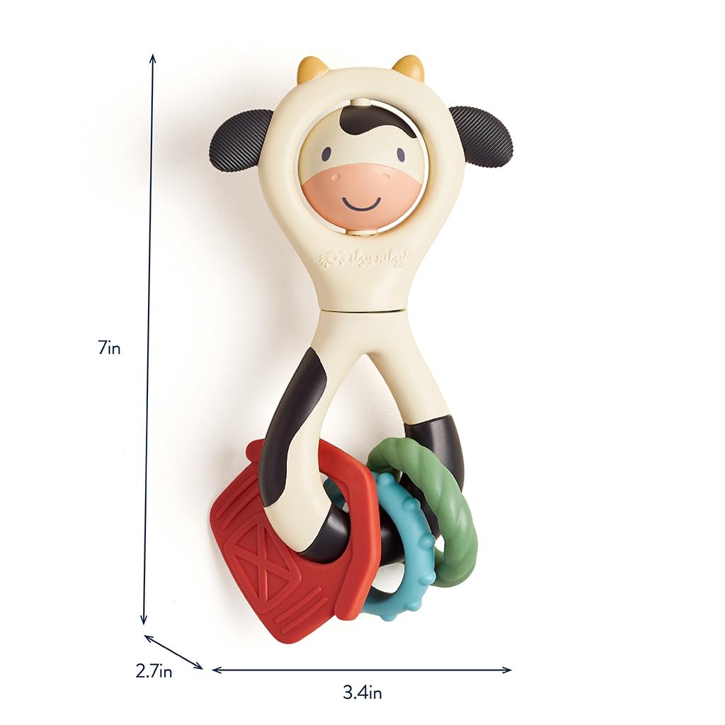 Itzy Ritzy Spinner Rattle Toy – Cow Design Sensory Teething Rattle Includes Spinning Face, Clicks, Rattles & Textured Teethers – Designed for Ages 3 Months and Up (Cow)