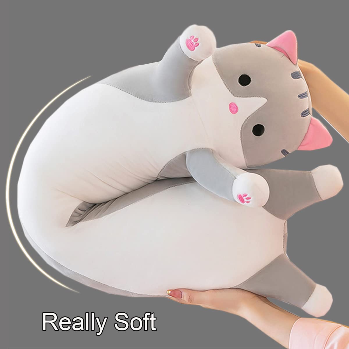Giant Cat Pillow Plush Cartoon Kitty Sleeping Hugging Pillow, Cuddly Soft Long Kitten Body Pillow Doll Cat Cushion Toy for Kids Girlfriend (Gray, 150cm/59inch)