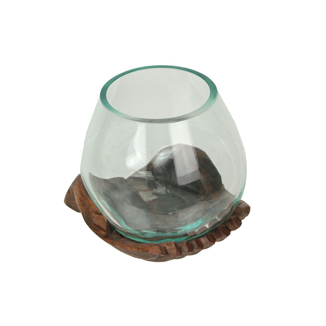 Blown Molten Glass and Carved Wood Hands Decorative Bowl, Vase, and Terrarium, 5 Inches High