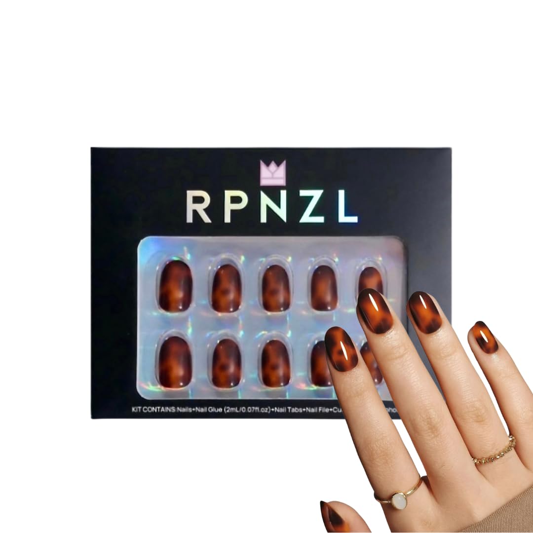 Press On Nail Bundle - Tortoise & French Toast 32 Nail Kit + Glue & Tools Reusable Short Almond Nail Kits