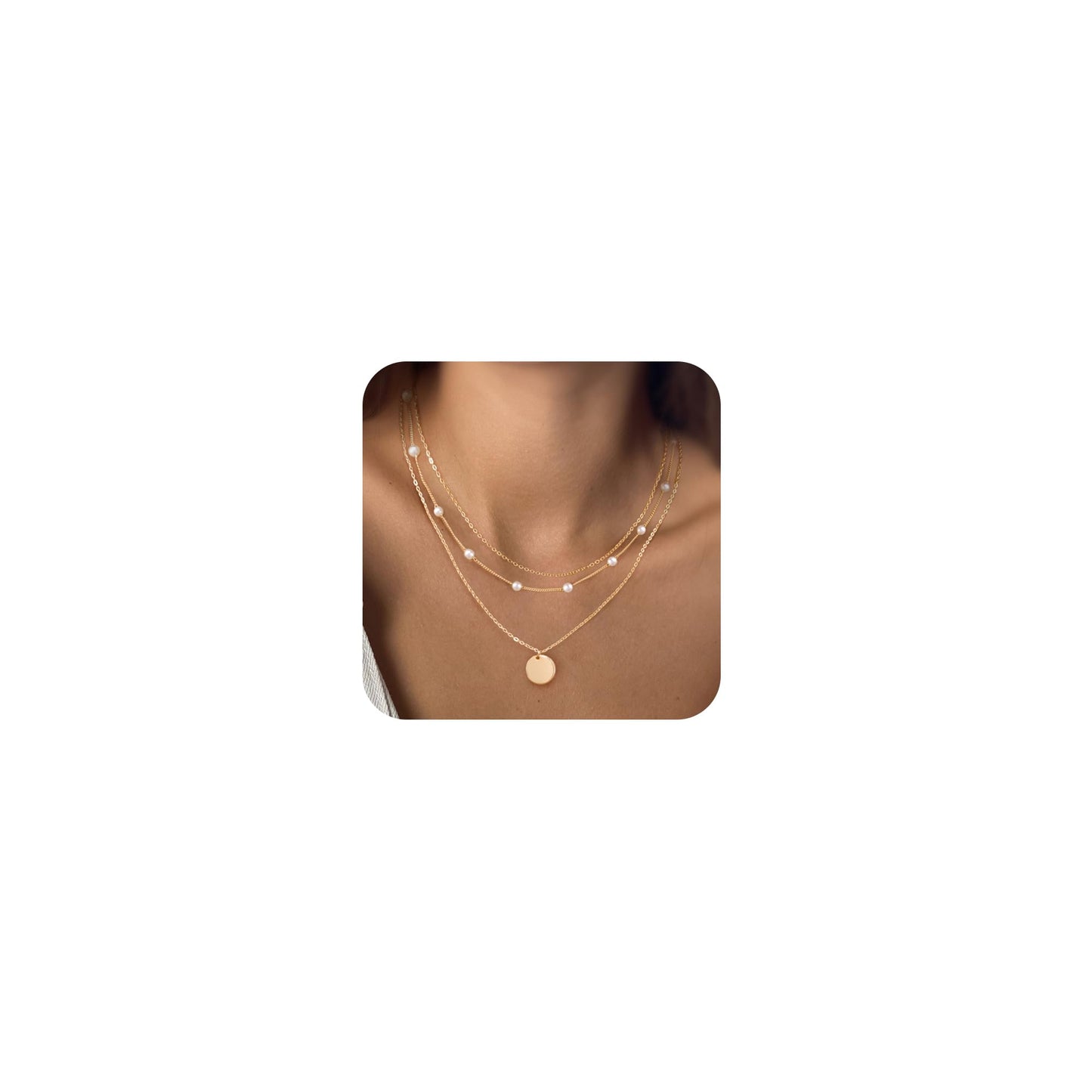 MFRYK Gold Necklaces Stack, 14K Gold Plated Simple Layered Choker Necklaces, Stackable Multilayer Gold Disc Pendant Satellite Pearl Chain Layering Necklaces Set