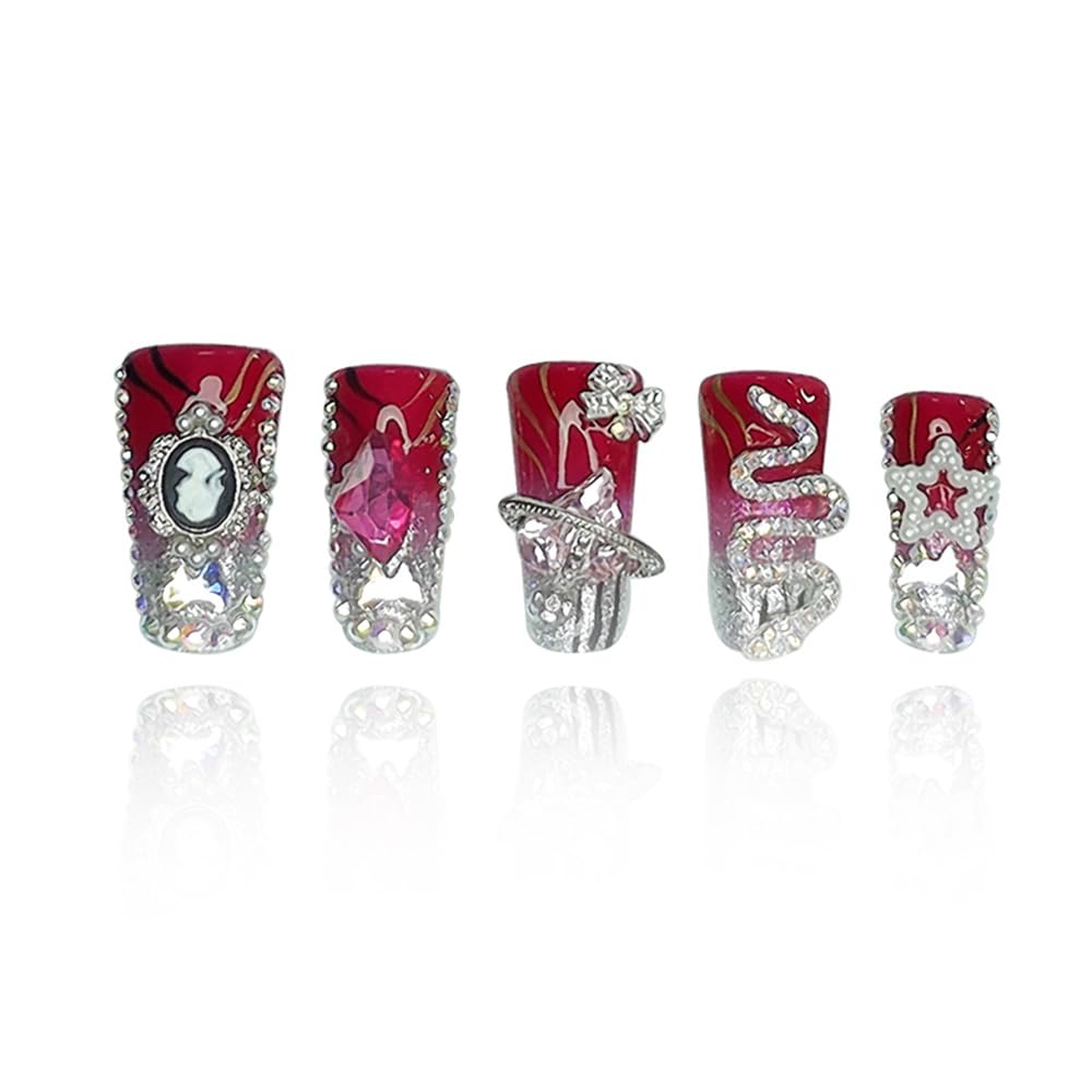 GGddsha 2025 Vermilion Duck Nails Medium Square Fake Nails with Stars Butterflies Snake Designs Handmade Pmma acrylic Glossy Reusable Fake Nails (Red, M)