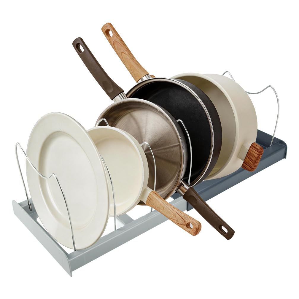 Tenrry Pot and Pan Organizer Rack for Cabinet - Expandable 12" to 22" Kitchen Cabinet Organizer with 7 Dividers, Heavy-Duty ABS Base for Lids, Cutting Boards, Bakeware, Cookware Storage, Grey