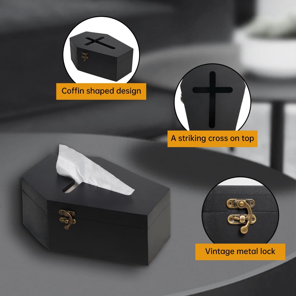 Gothvanity Gothic Coffin Tissue Box Holder - Cross Design Spooky Dark Aesthetic Dispenser, Wooden Black Home Decor, Fits Square & Rectangle Tissues