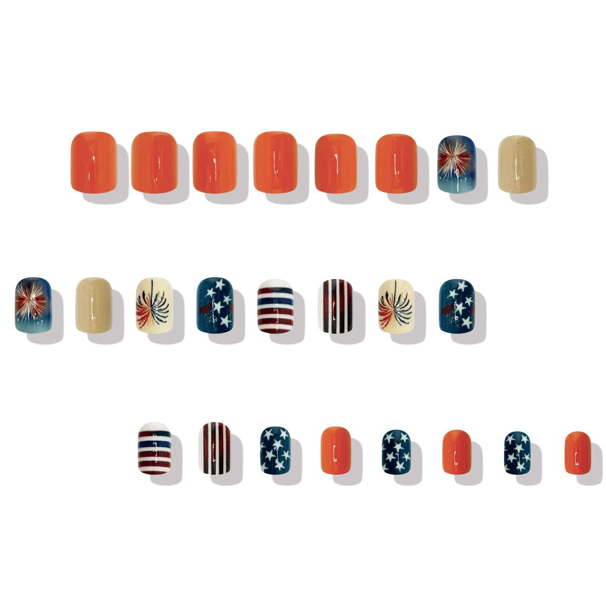 24Pcs 4th of July Fireworks Press on Nails Short Square Fake Nails Red Blue American Flag False Nails Five-pointed Star Striped Acrylic Nails for Women Patriotic Holiday Manicure Decoration 24Pcs