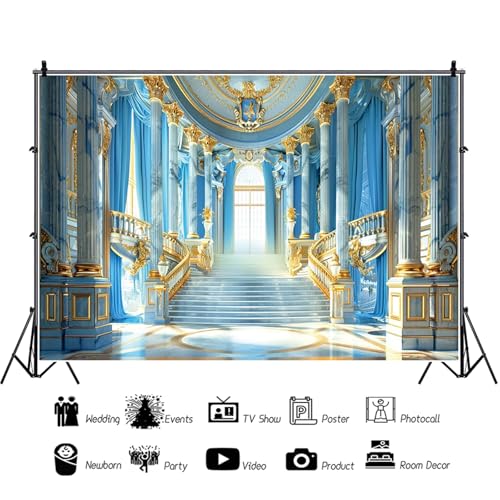 Renaiss Fabric Blue Palace Backdrop Luxury Golden Hall Castle Interior Staircase Masquerade Party Scene Wedding Bridal Shower Background Photo Booth Studio Props 7x5ft - color: XH002, size: 7Wx5H FT