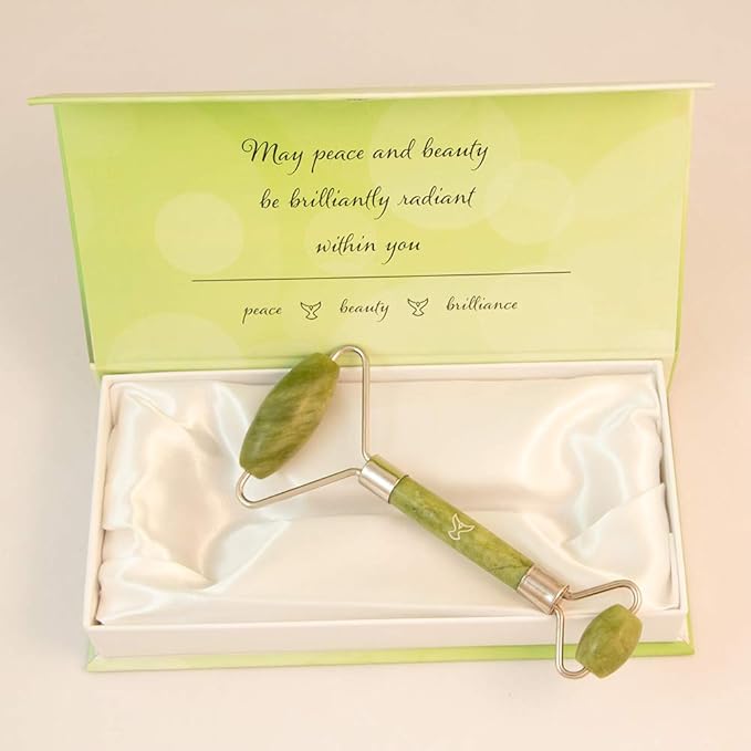 Jade Roller by BRILLIANT PEACE in beautiful Gift Box - relax and beautify with 100% genuine Jade stone facial massager beauty tool for eyes face and neck while rejuvenating skin and promoting wellness