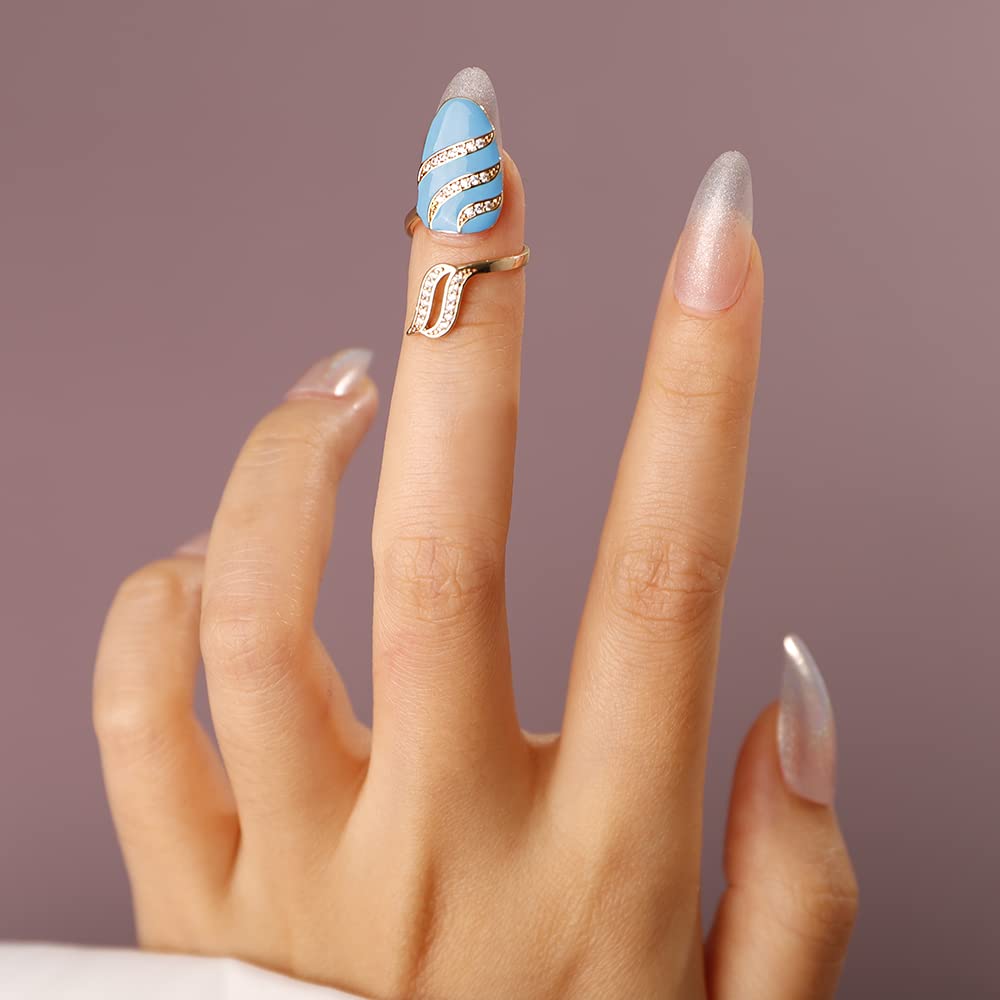 Rumtock Statement Gold Fingernail Ring with CZ Rhinestones Blue Knuckle Nail Ring Maincure Finger Tip Jewelry for Women